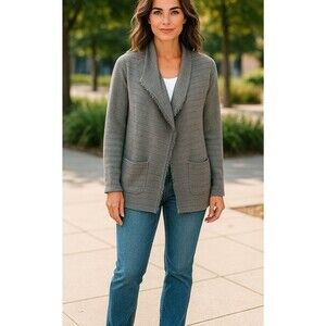 Talbots Sweater Merino Wool Cardigan Women XS Open Front Fringe Long Sleeve Gray